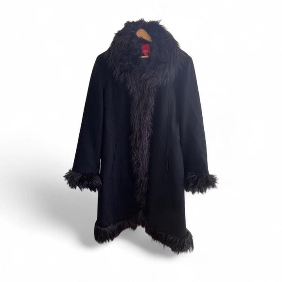 Espirit Jackets & Blazers - Vtg Y2K Pennylane black wool coat w/ black faux Mongolian afghan fur trim Sz XL